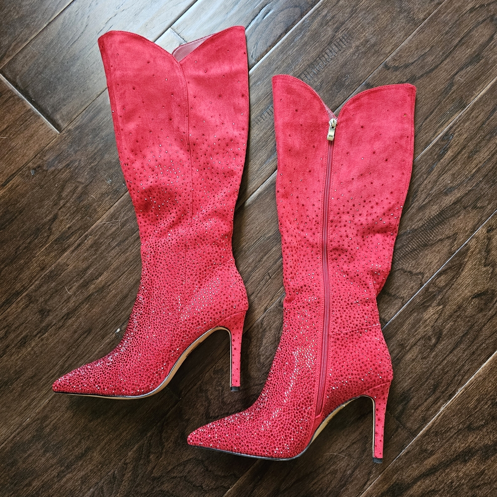 red rhinestone knee-high boots